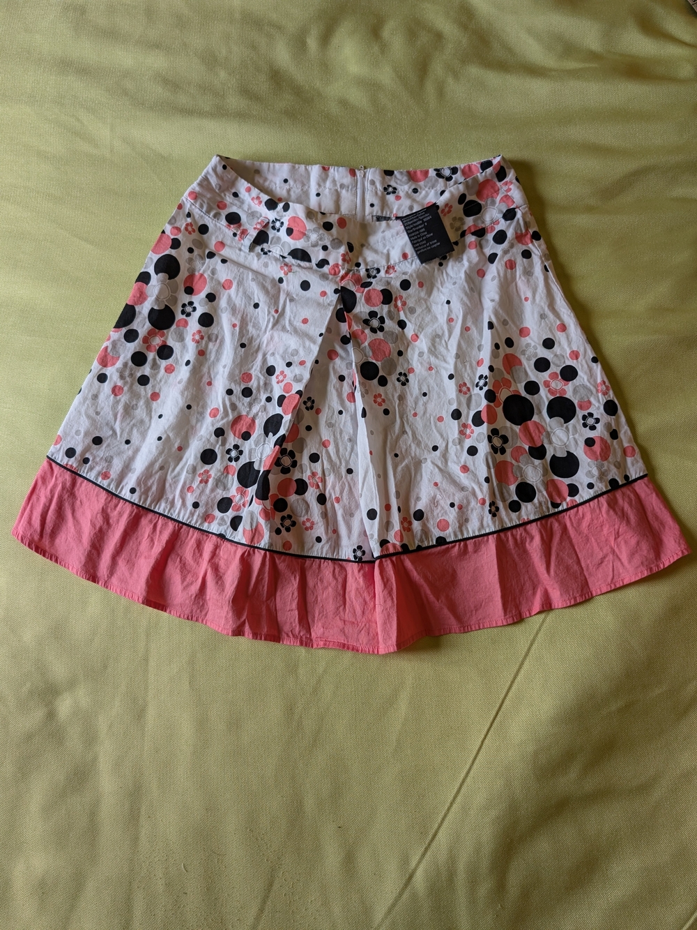White A-Line Skirt with Pink Ruffle Hem and Polka Dot Print